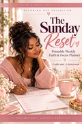 Becoming Her: The Sunday Reset. Blush pink and cream lifestyle cover for the 14-page digital printable planner. Styled illustration.