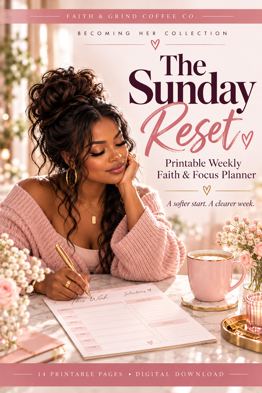 Becoming Her: The Sunday Reset. Blush pink and cream lifestyle cover for the 14-page digital printable planner. Styled illustration.